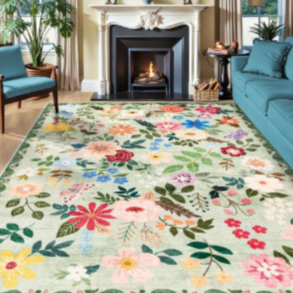 PLHXFR 10x14 Washable Floral Area Rug Green Boho Farmhouse